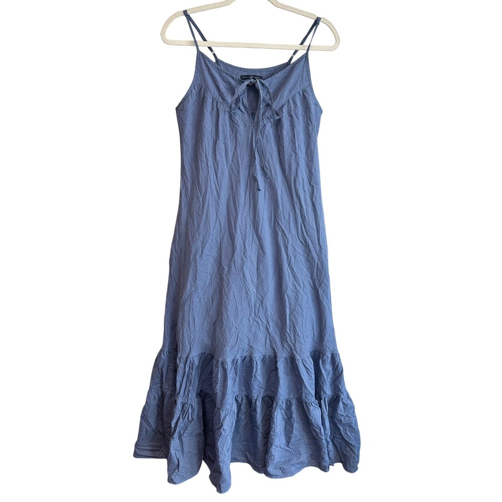 Gap Midi Dress Womens M Blue Pinstripe Tiered Cotton Tie Front Coastal Timeless‎